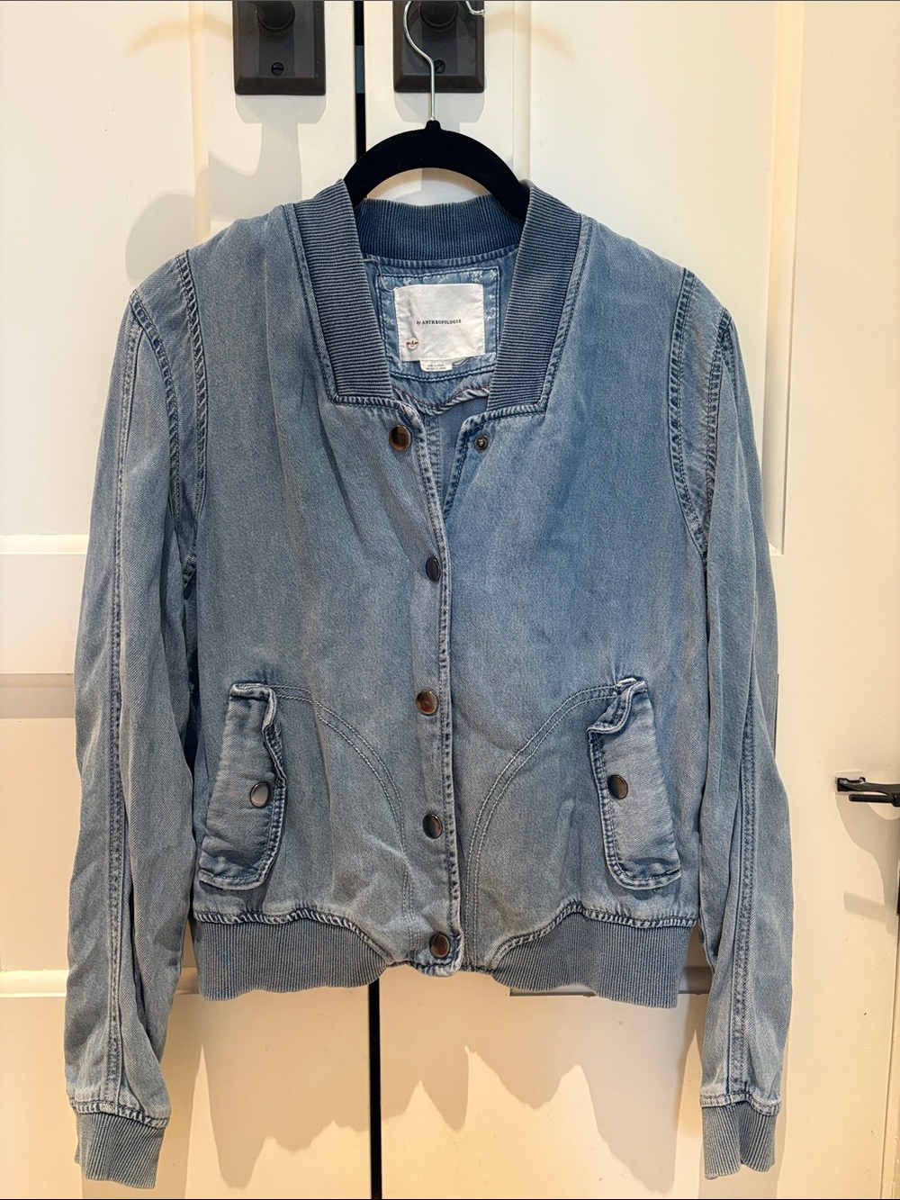 Anthropologie Light Blue Denim Bomber Jacket